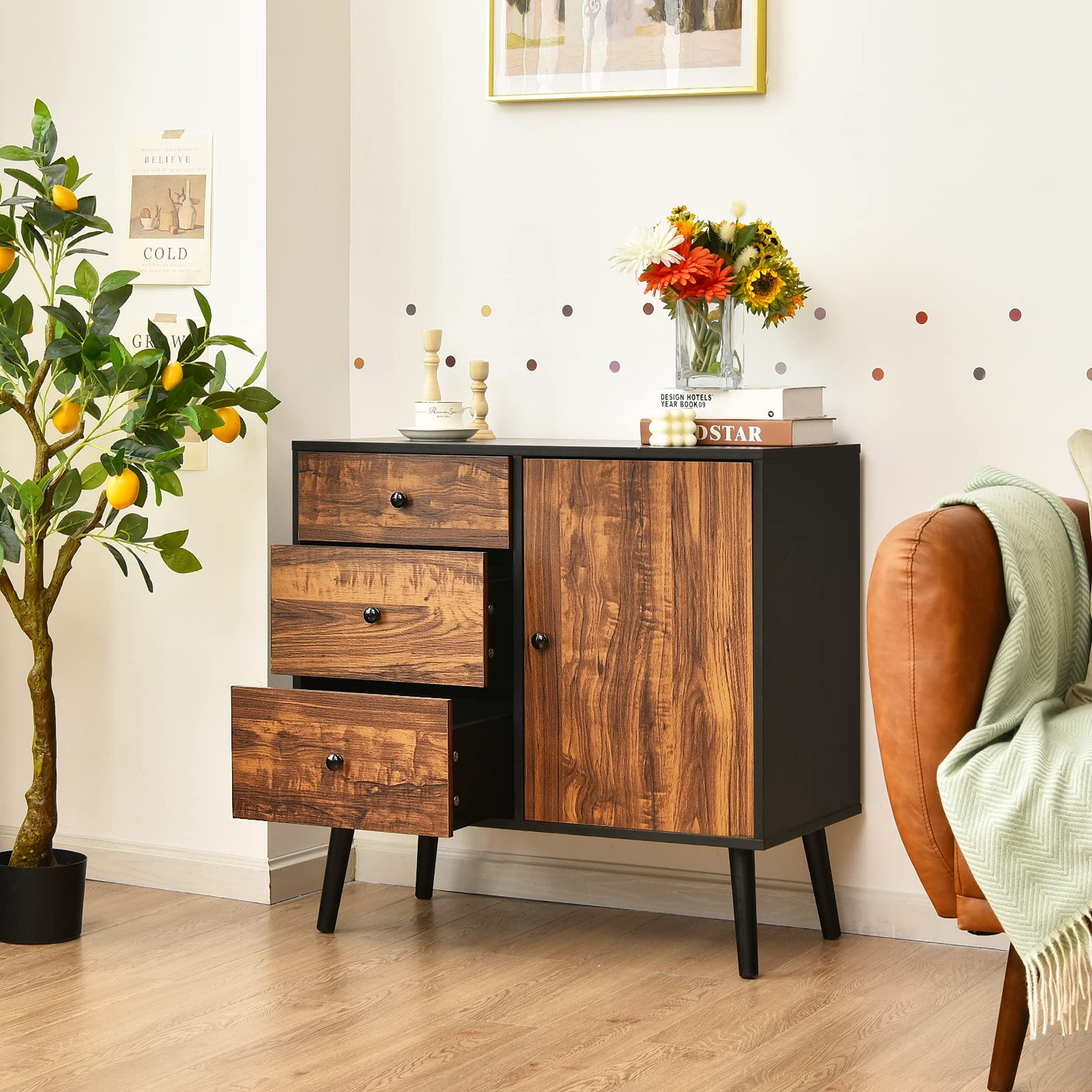 Tangkula Retro Storage Cabinet, Wood Floor Storage Cabinet with 3 Drawers and 1 Cabinet w/Adjustable Shelf, Accent Cabinet