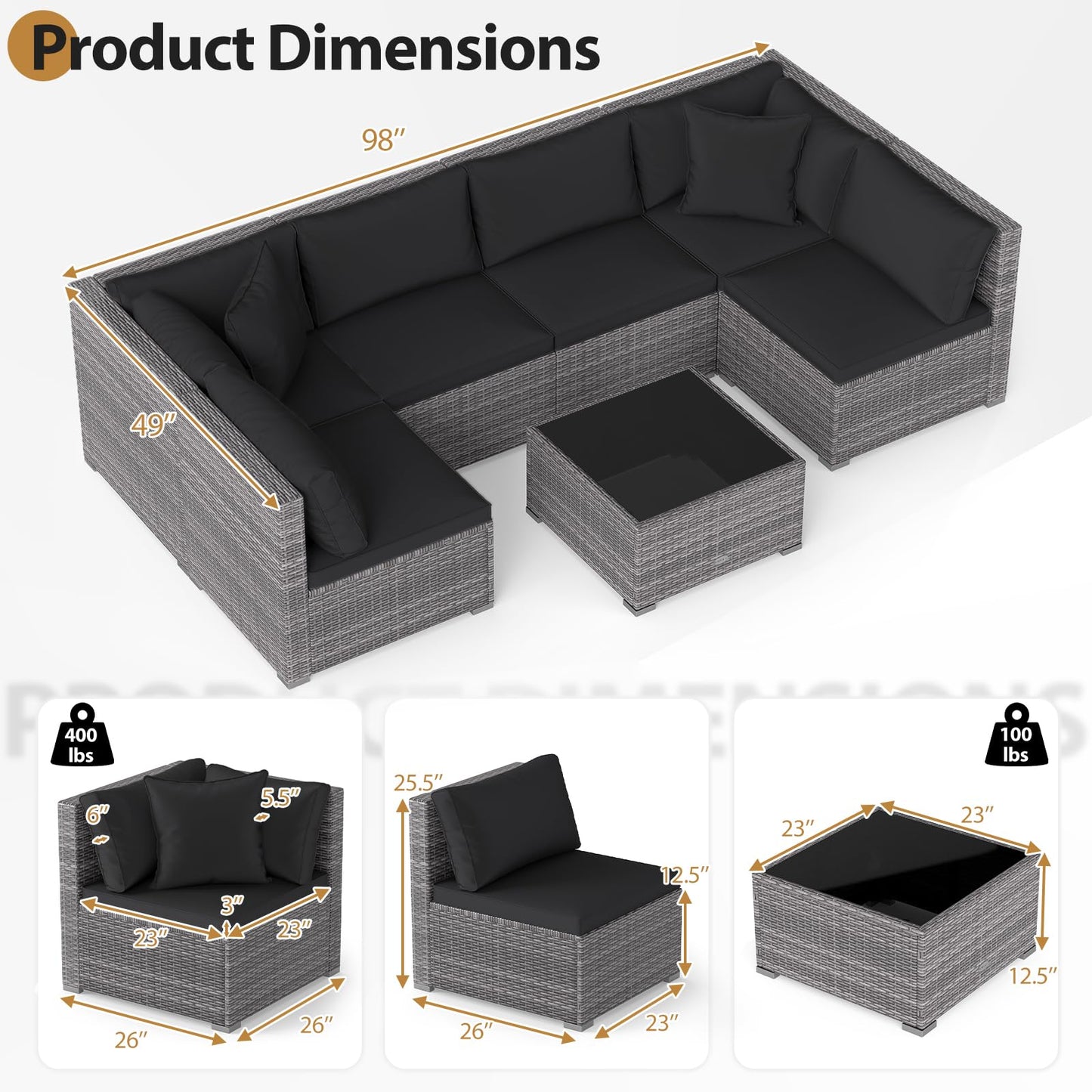 Tangkula 7 Pieces Wicker Sectional Patio Furniture Set | PE Rattan Sofas with Tempered Glass Coffee Table