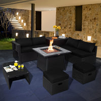 Tangkula 9 Pieces Outdoor PE Rattan Sectional Sofa with 35-Inch Gas Fire Pit Table