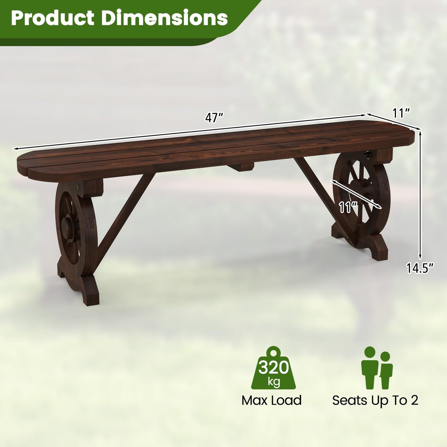 Banc en bois rustique Tangkula pour patio, banc long en bois carbonisé avec base en roue de chariot, siège à lattes