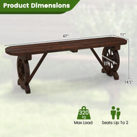 Banc en bois rustique Tangkula pour patio, banc long en bois carbonisé avec base en roue de chariot, siège à lattes