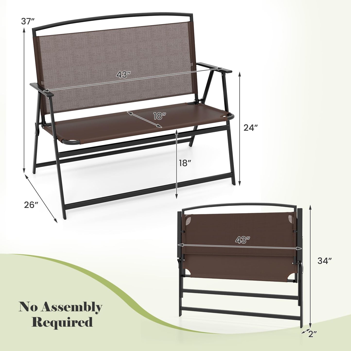 Tangkula Folding Outdoor Garden Bench, 2-Person Patio Bench with Backrest and Armrests