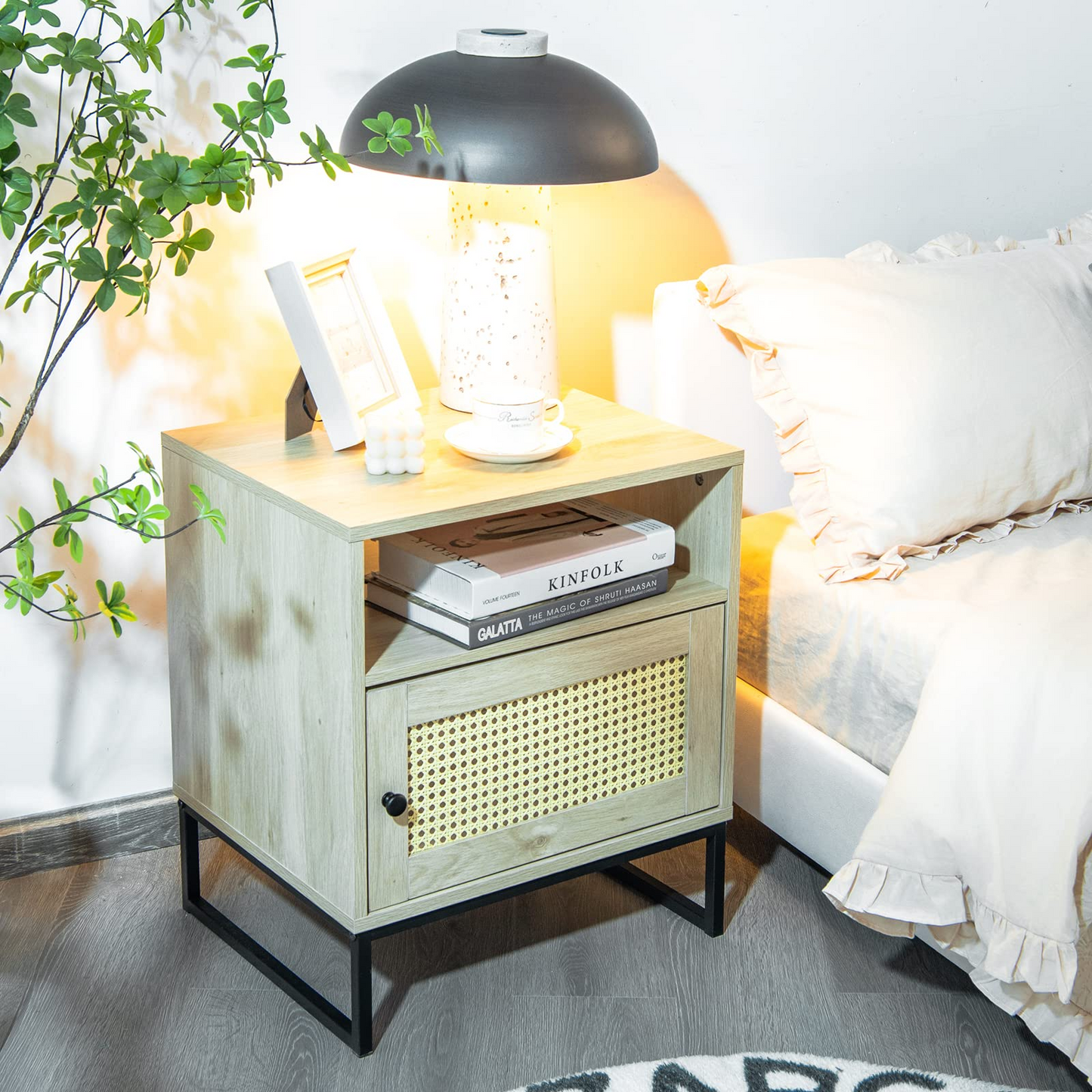 Tangkula Rattan End Table, Indoor Sofa Side Table with Shelf & Rattan Door Cabinet