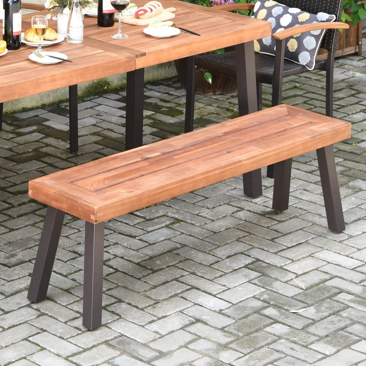 Outdoor Acacia Wood Bench, Patio Dining Bench Picnic Bench with Steel Legs
