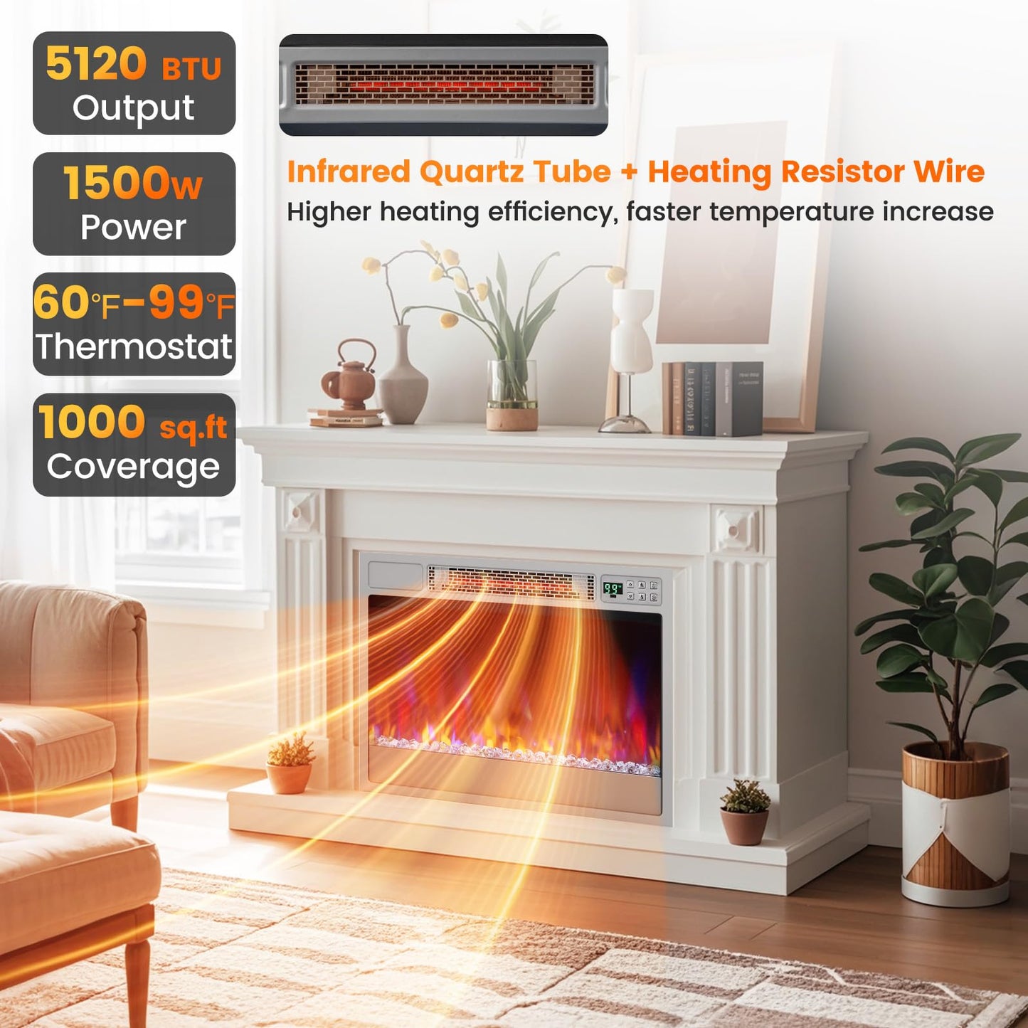 Tangkula 23-Inch Infrared Quartz Electric Fireplace Insert with Remote Control, 1500W Recessed Fireplace Heater with Thermostat