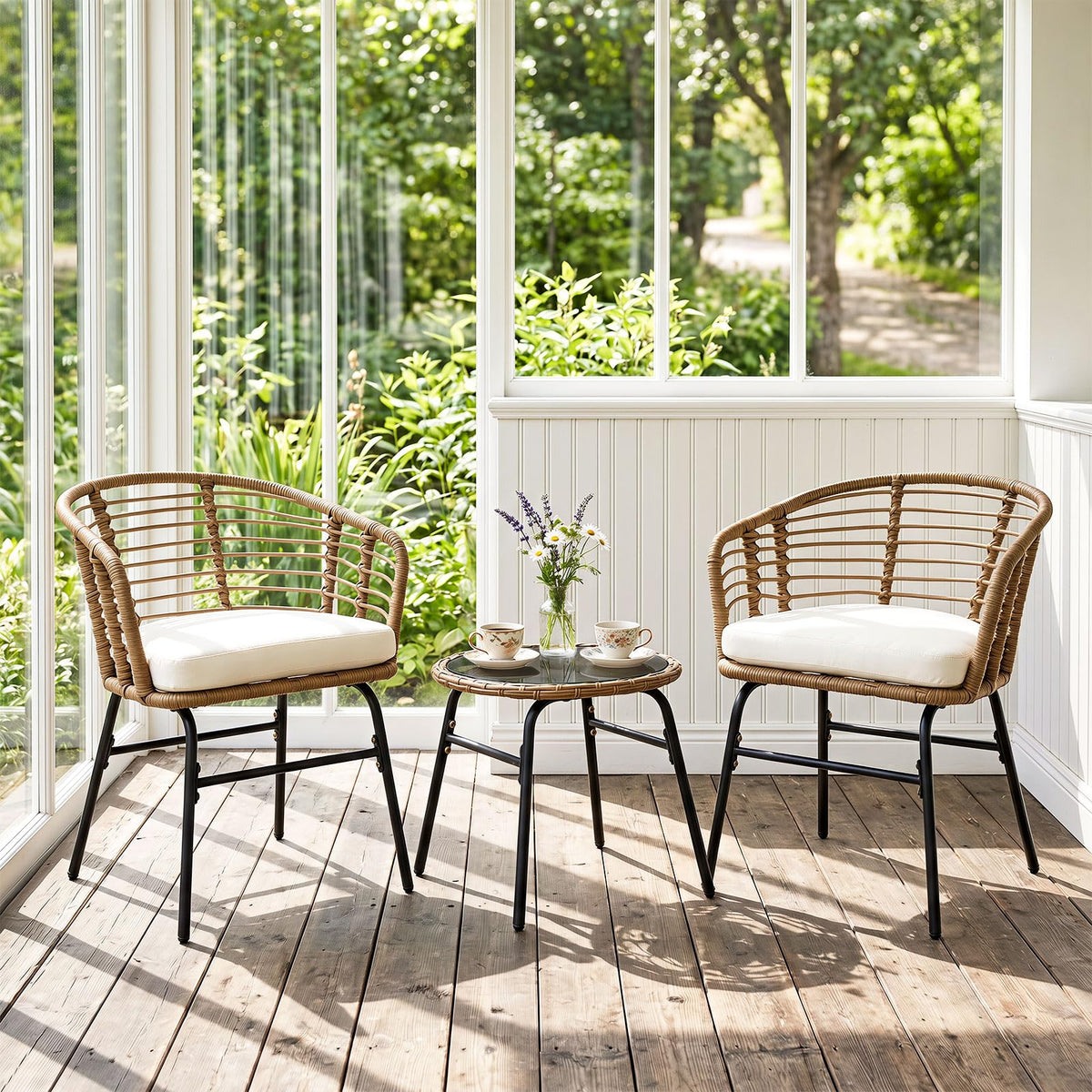 Tangkula 3 Pieces Patio Furniture Set with Tempered Glass Coffee Table and Soft Cushions