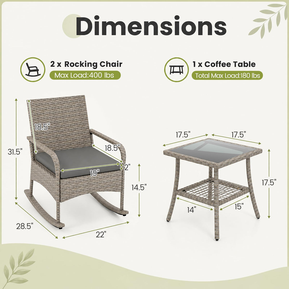 Tangkula 3-Piece Outdoor Wicker Rocking Bistro Set with 2-Tier Coffee Table