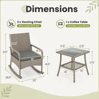 Tangkula 3-Piece Outdoor Wicker Rocking Bistro Set with 2-Tier Coffee Table