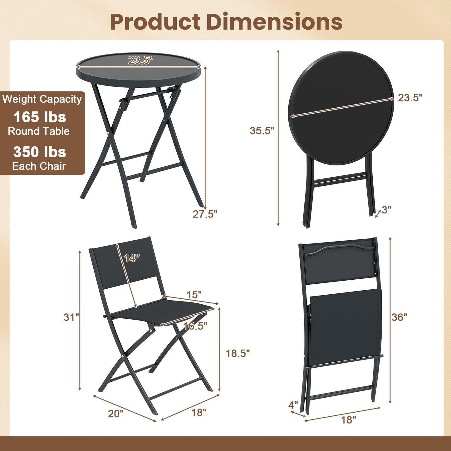 Ensemble bistrot pliant 3 pièces Tangkula avec siège en tissu respirant et plateau de table en verre trempé