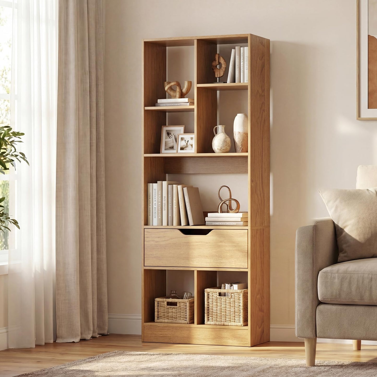 Tangkula 51” Tall Open Bookcase with Drawer 7-Cube Display Storage Cabinet(1/2)