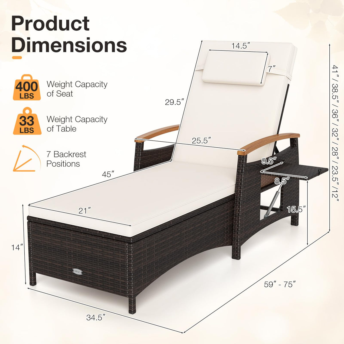 Tangkula Patio Chaise Lounge with 7-Level Adjustable Backrest