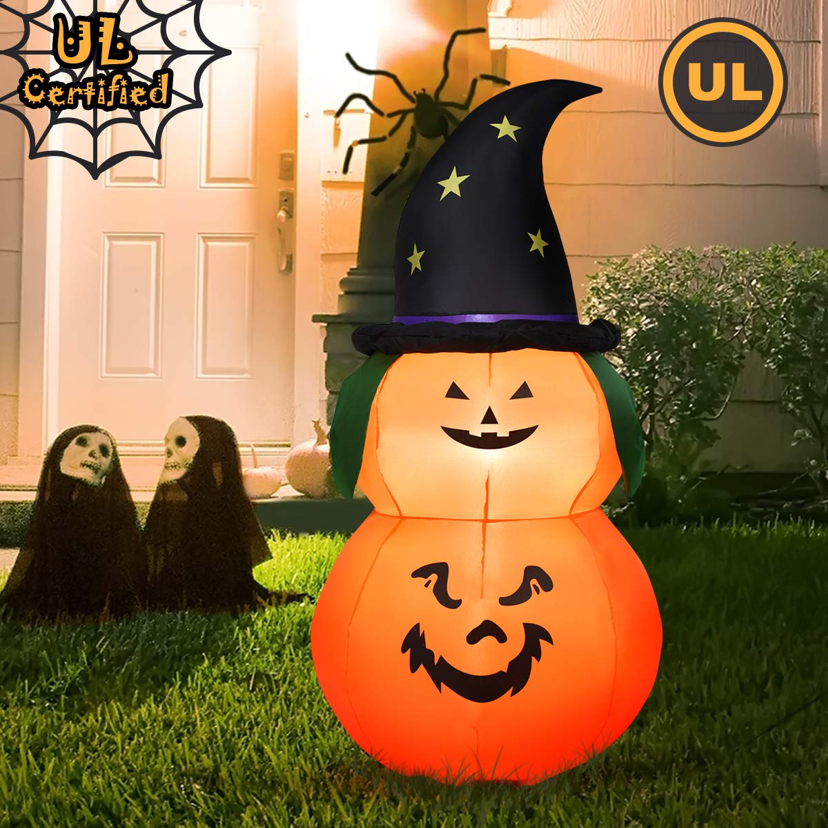 Tangkula 5 Ft Halloween Inflatable Pumpkin with Witch Hat