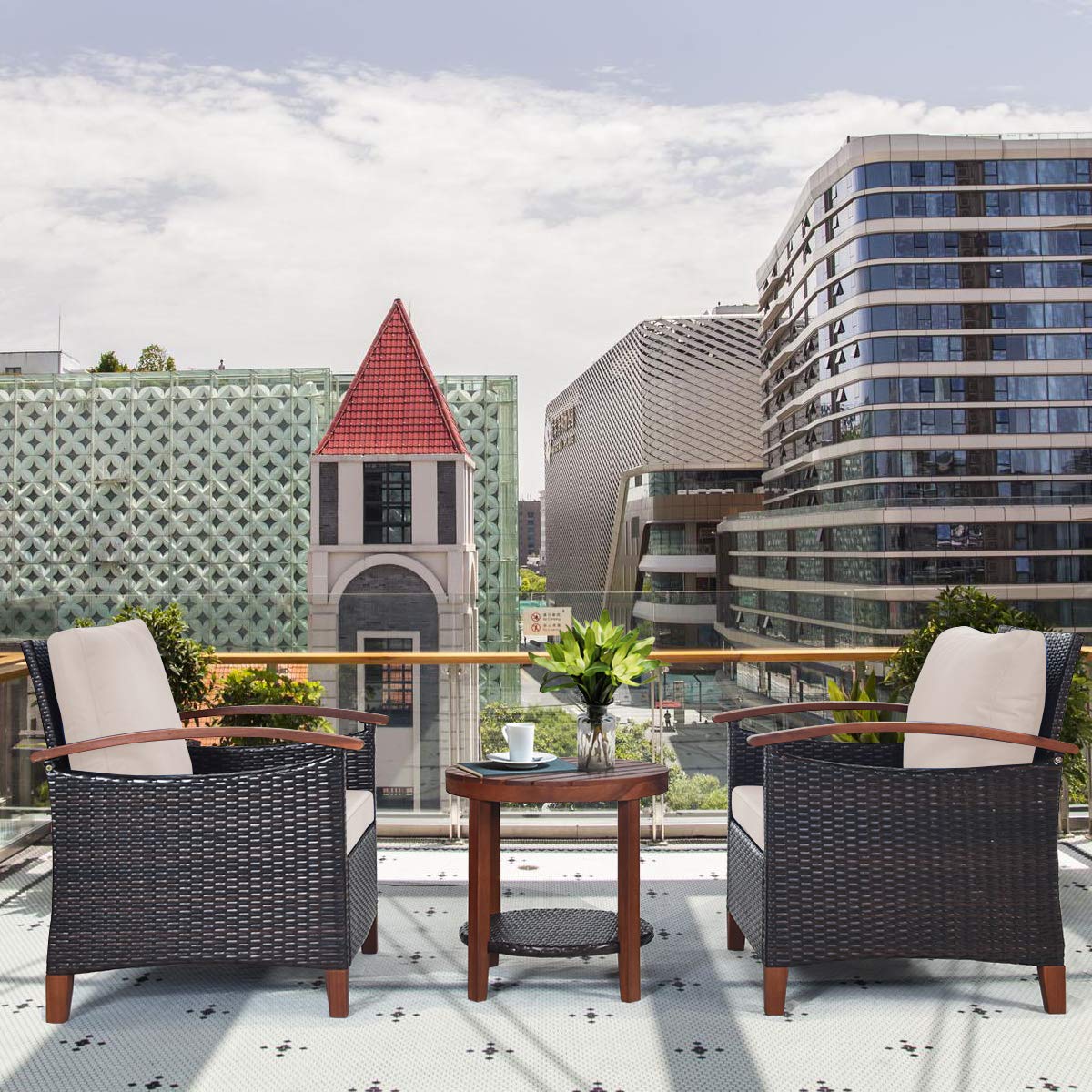 3 Pieces Patio Furniture Set, Outdoor Rattan Sofa and Side Table w/Solid Acacia Wood Frame