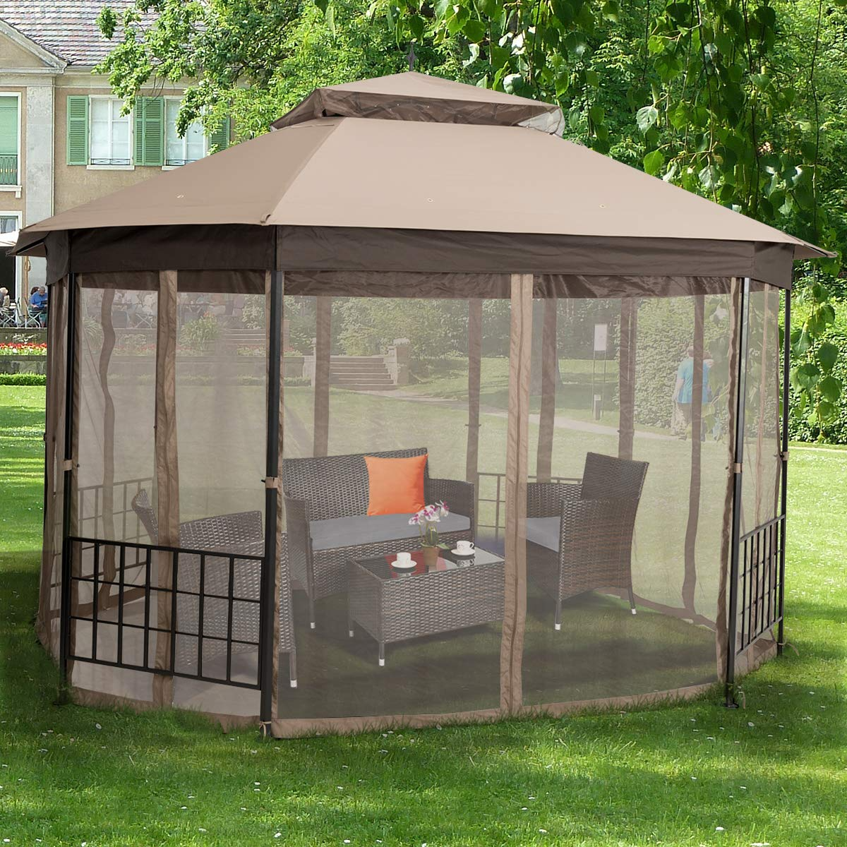 Tangkula 10 x 12 Ft Patio Gazebo, Heavy Duty Octagonal Gazebo Canopy w/Netting Sidewalls & Sturdy Steel Frame
