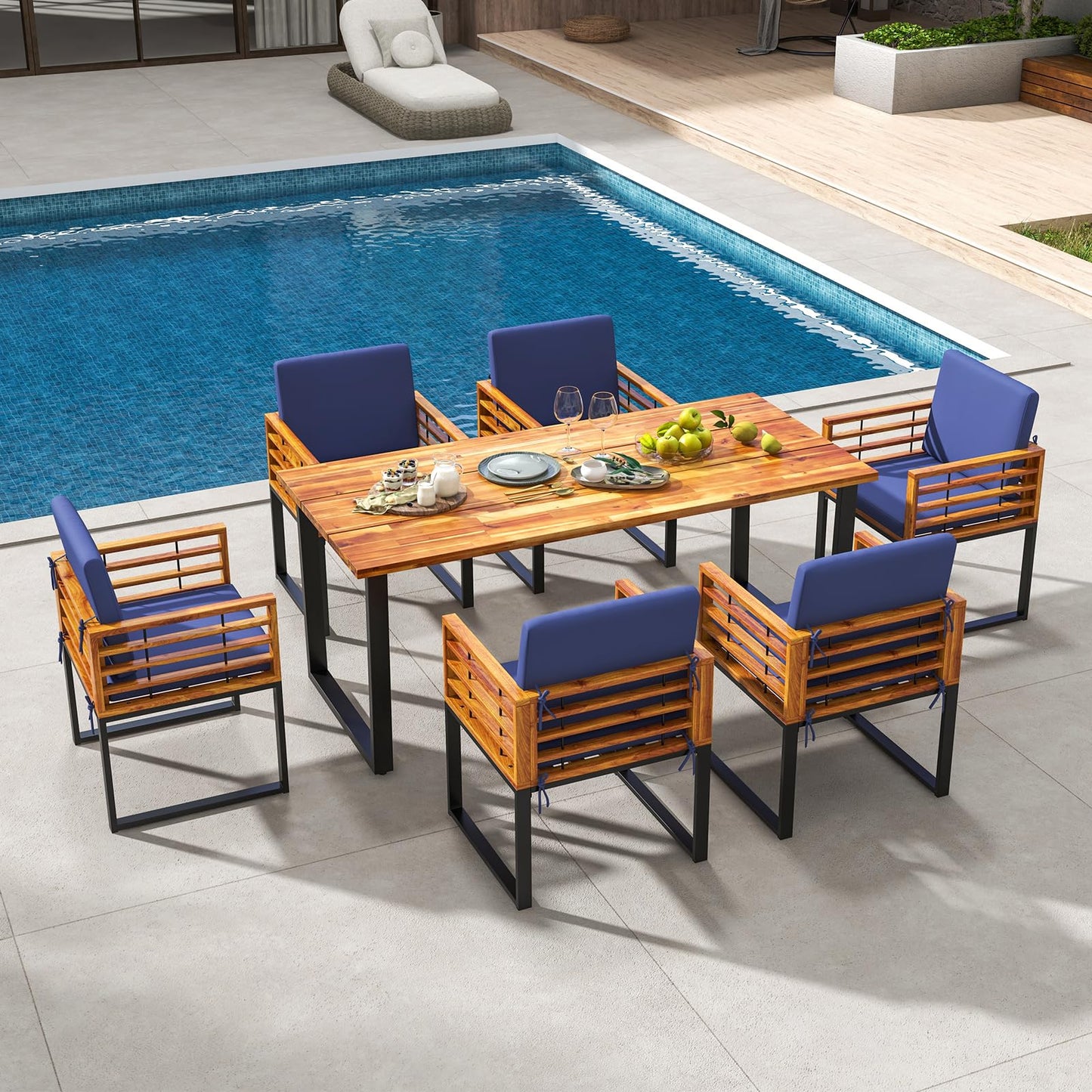 Tangkula 7 Piece Patio Dining Set Acacia Wood Dining Chair & Table Set