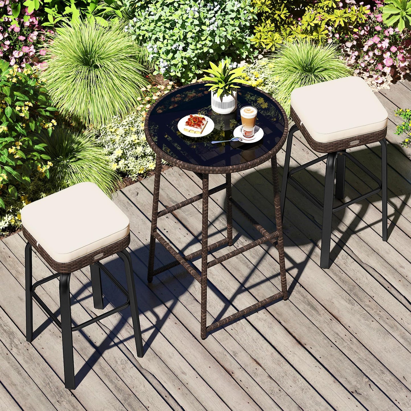 Tangkula 3 Pieces Outdoor Swivel Bar Set with 2 Cushioned Stools
