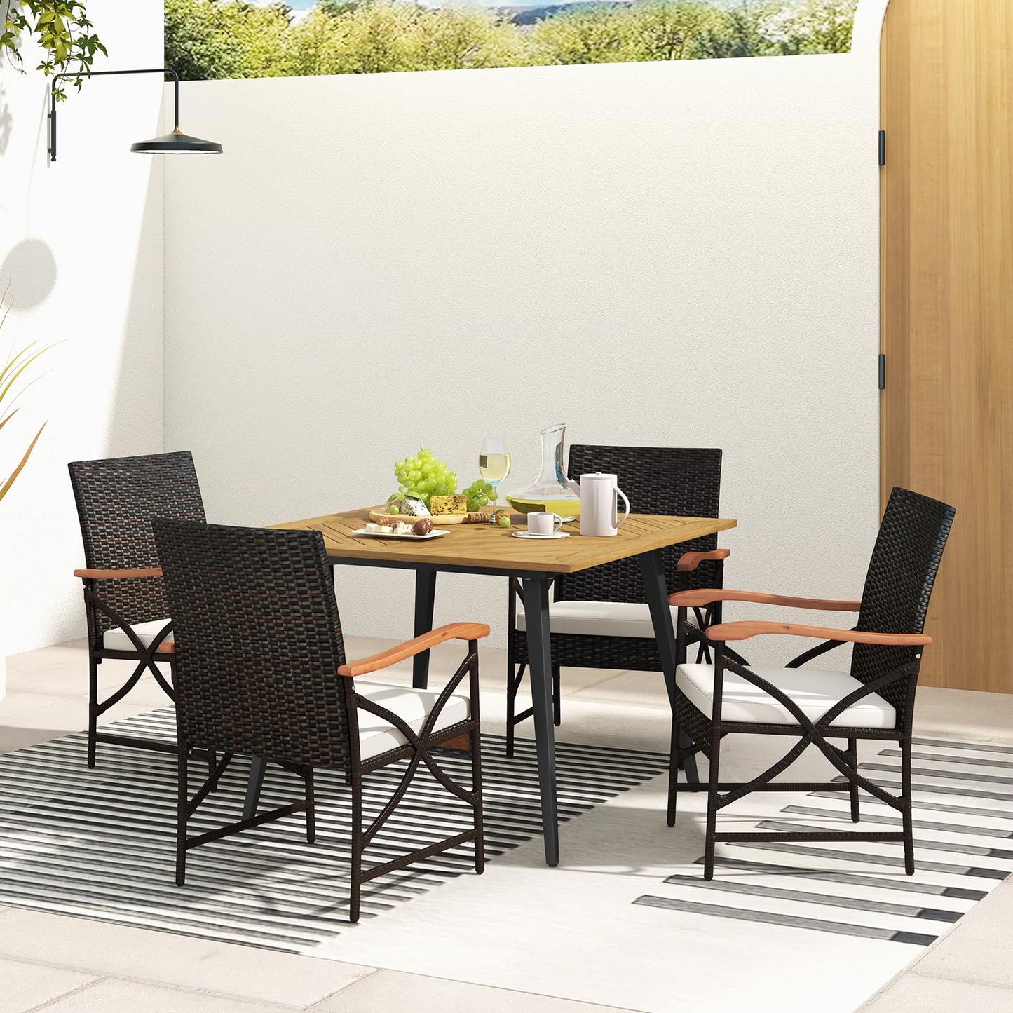 Tangkula Ensemble de salle à manger d'extérieur 5 pièces en rotin PE, table et chaises de jardin avec coussins