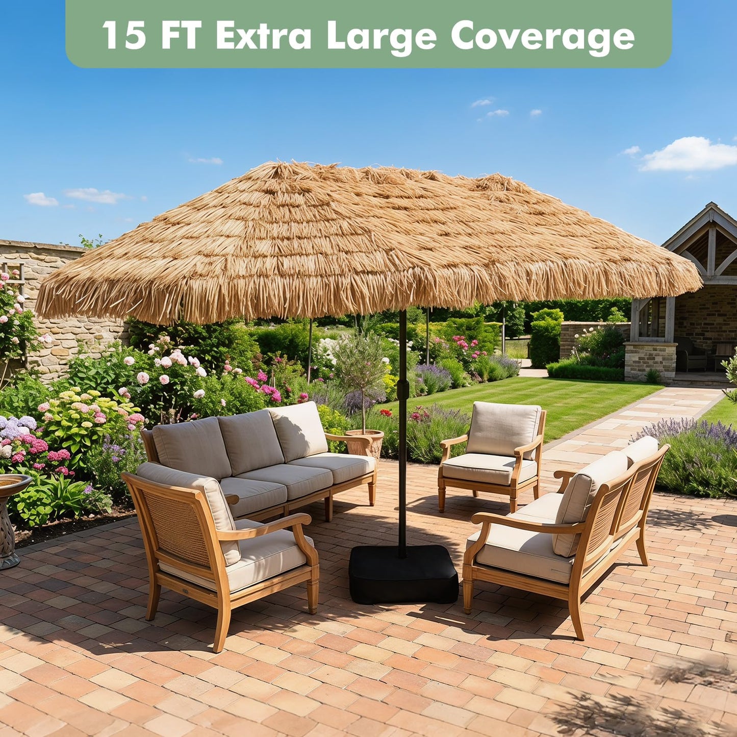 Tangkula 15 FT Solar Tiki Patio Umbrella with Base Included | Thatched PE Grass
