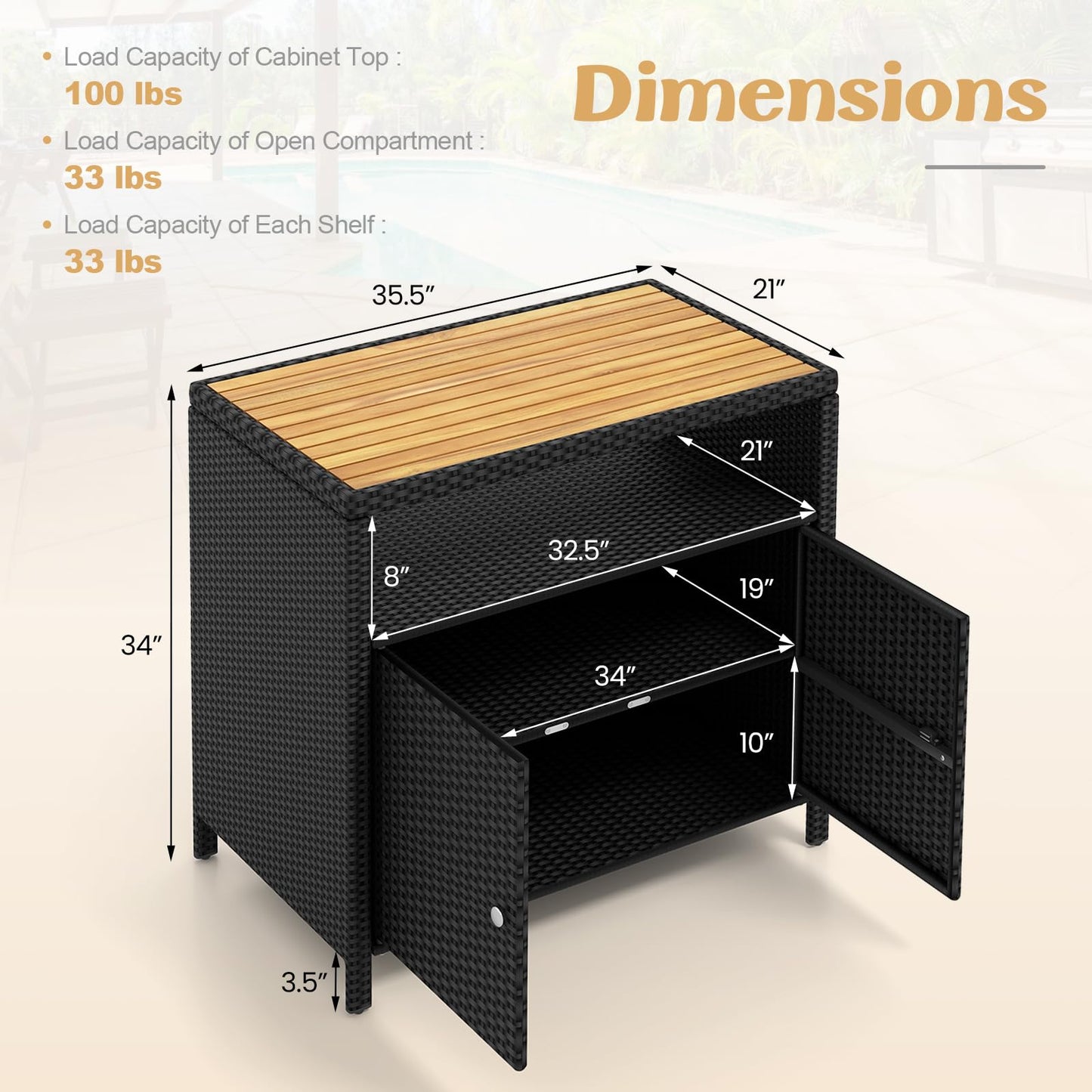 Tangkula Rattan Storage Cabinet, Outdoor Patiojoy Buffet Cabinet with Acacia Wood Countertop