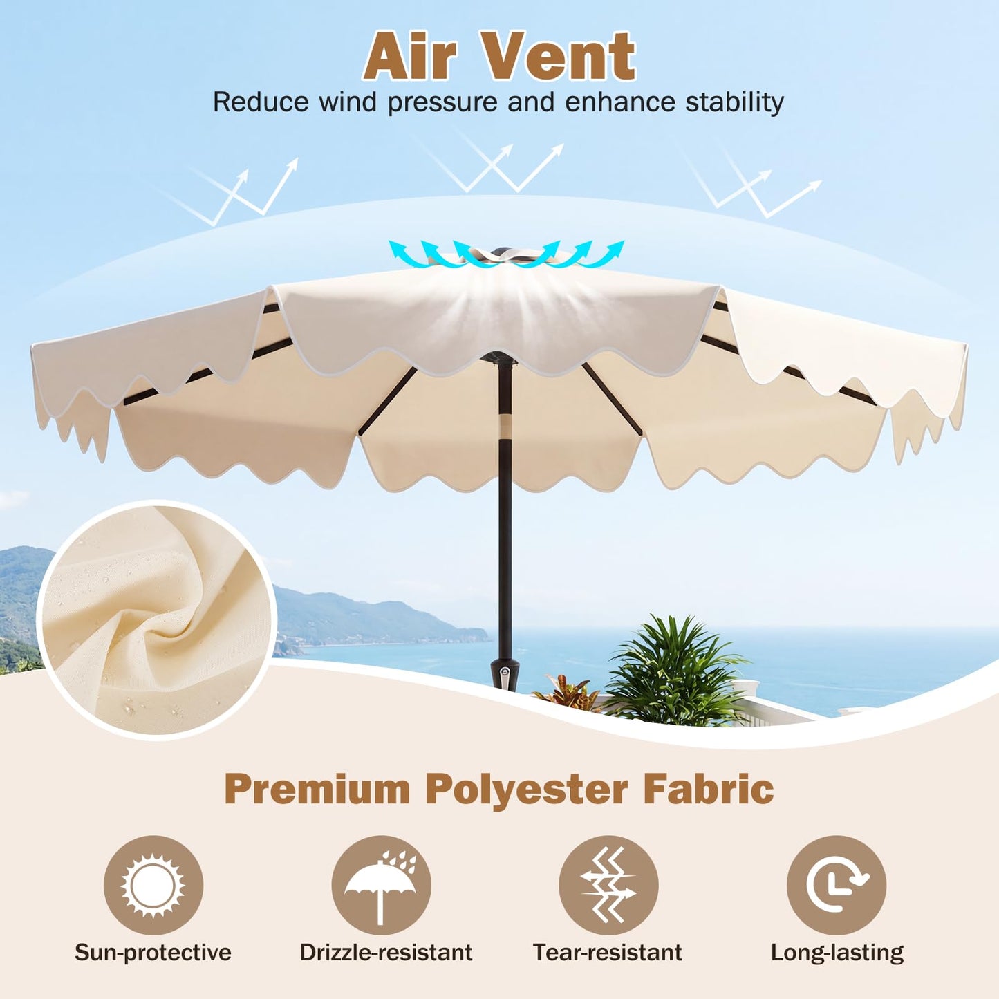 Tangkula 9 FT 2-Tiers Outdoor Scalloped Table Umbrella with Base Included