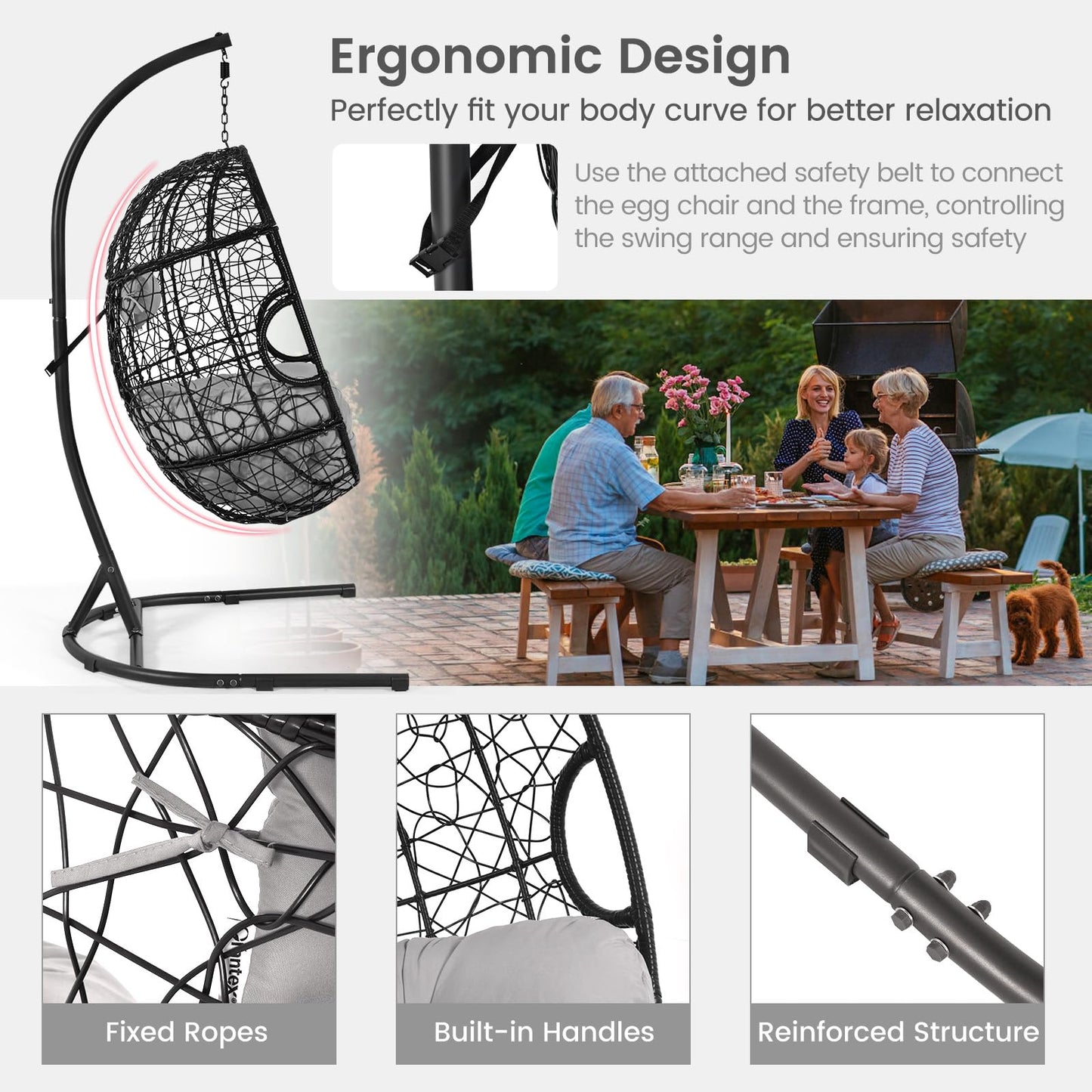 Tangkula Egg Chair with Stand, Hanging Egg Swing Chair with Removable Seat Cushion & Headrest