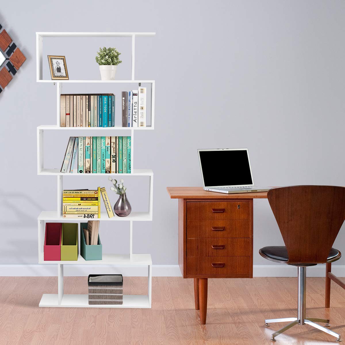 6 Shelf Bookcase, Modern S-Shaped Z-Shelf Style Bookshelf