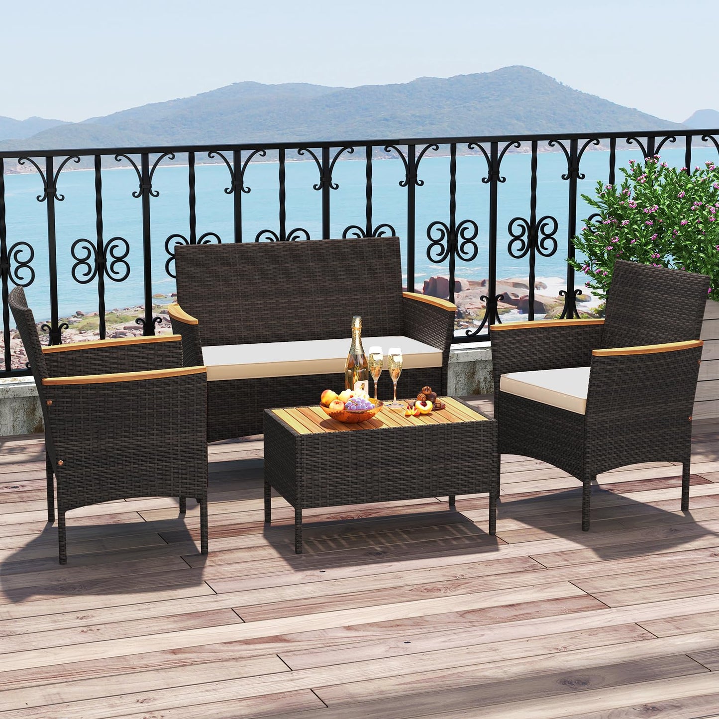 Tangkula Patio Wicker Sofa Set w/Coffee Table