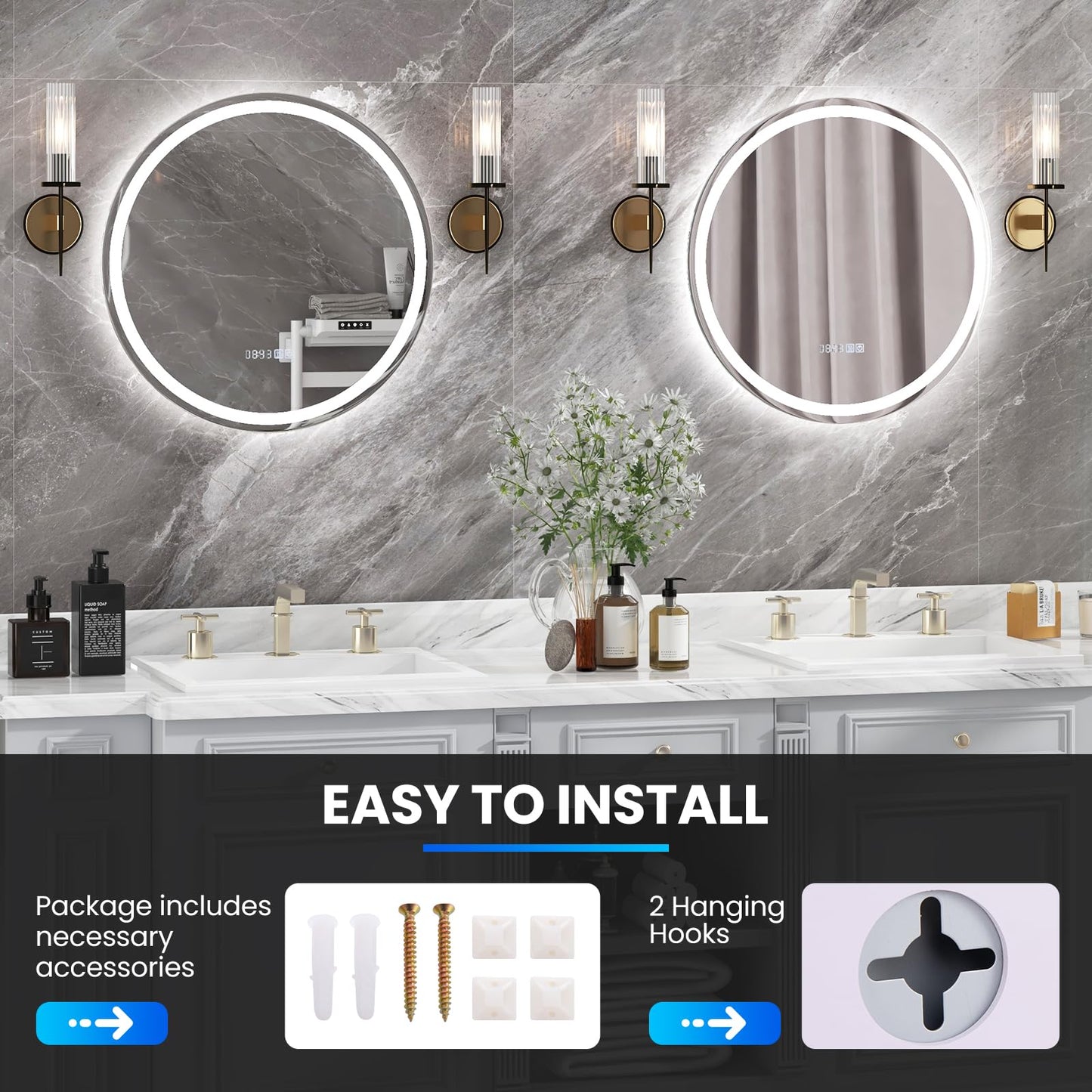 Tangkula LED Bathroom Mirror, Wall Mounted Round Mirror w/ 3-Color Dimmable Lights