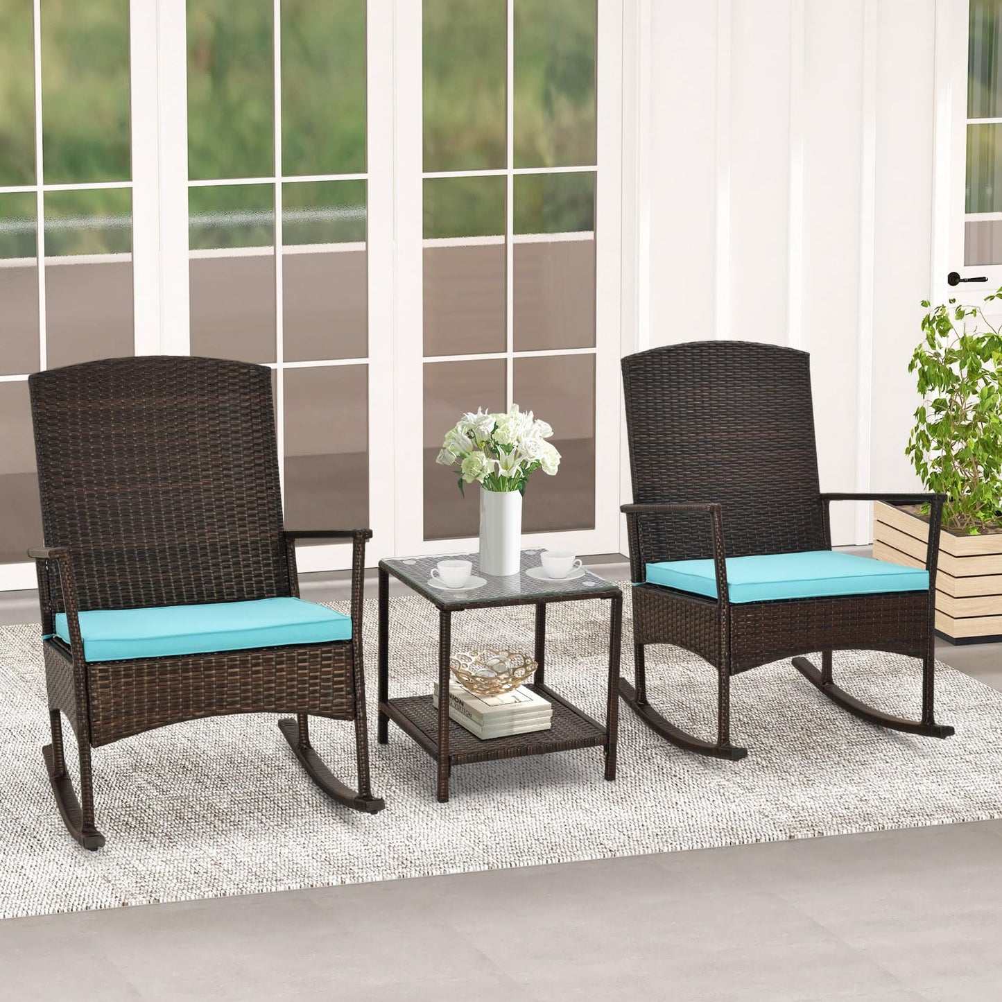Tangkula 3 Pieces Rocking Wicker Bistro Set, Outdoor Front Porch Rocker Chairs Conversation Set