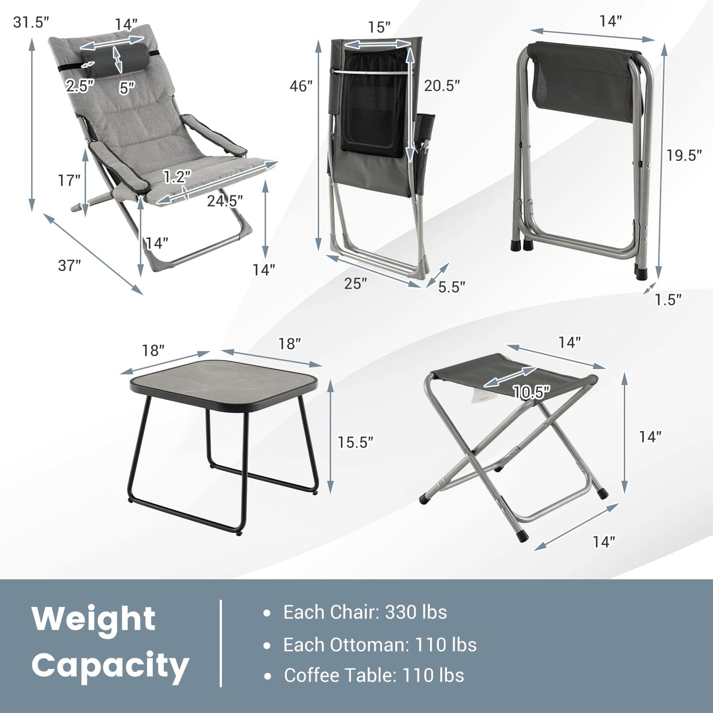 Tangkula 5 Piece Patio Sling Chair Set, Folding Beach Lawn Chairs with Ottoman & Coffee Table