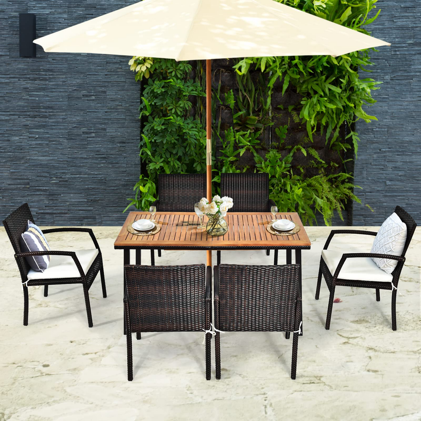 Tangkula 7 Pieces Outdoor Dining Set, Steel Frame Patio Dining Table Set w/ 6 Rattan Armrest Chairs