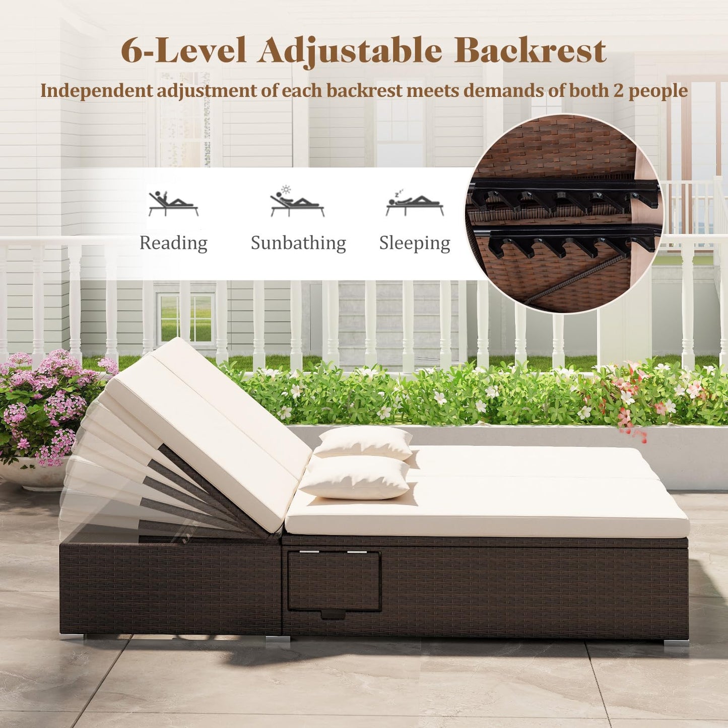 Tangkula Patio Double Chaise Lounge, Patiojoy 6 Position Adjustable Wicker Recliner Bed