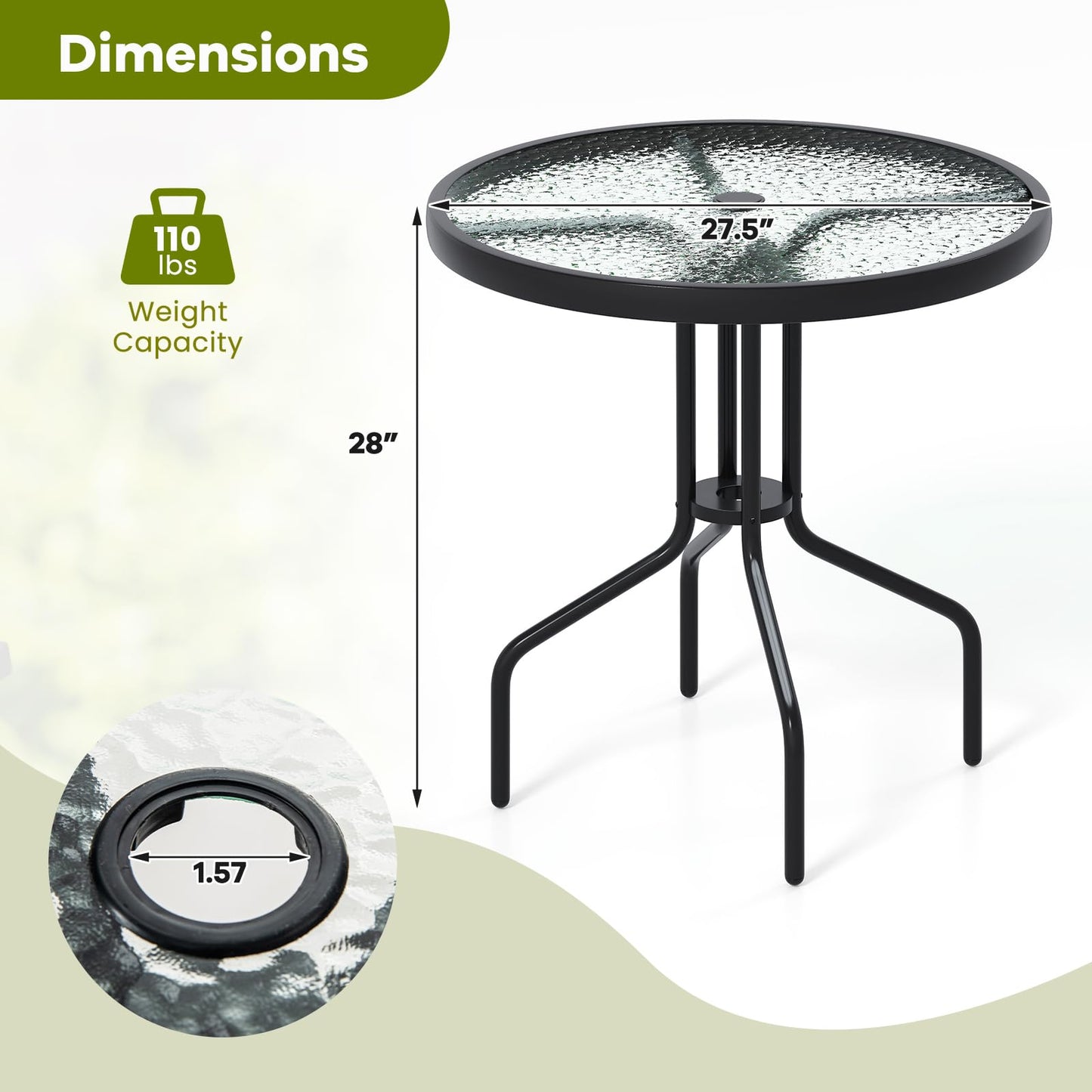 Tangkula Patio Round Glass Dining Table with 1.57" Umbrella Hole