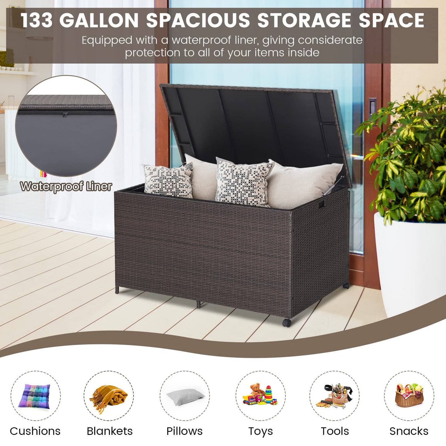 Tangkula 133 Gallon Deck Storage Box, Patio Rattan Storage Container with 2 Universal Wheels