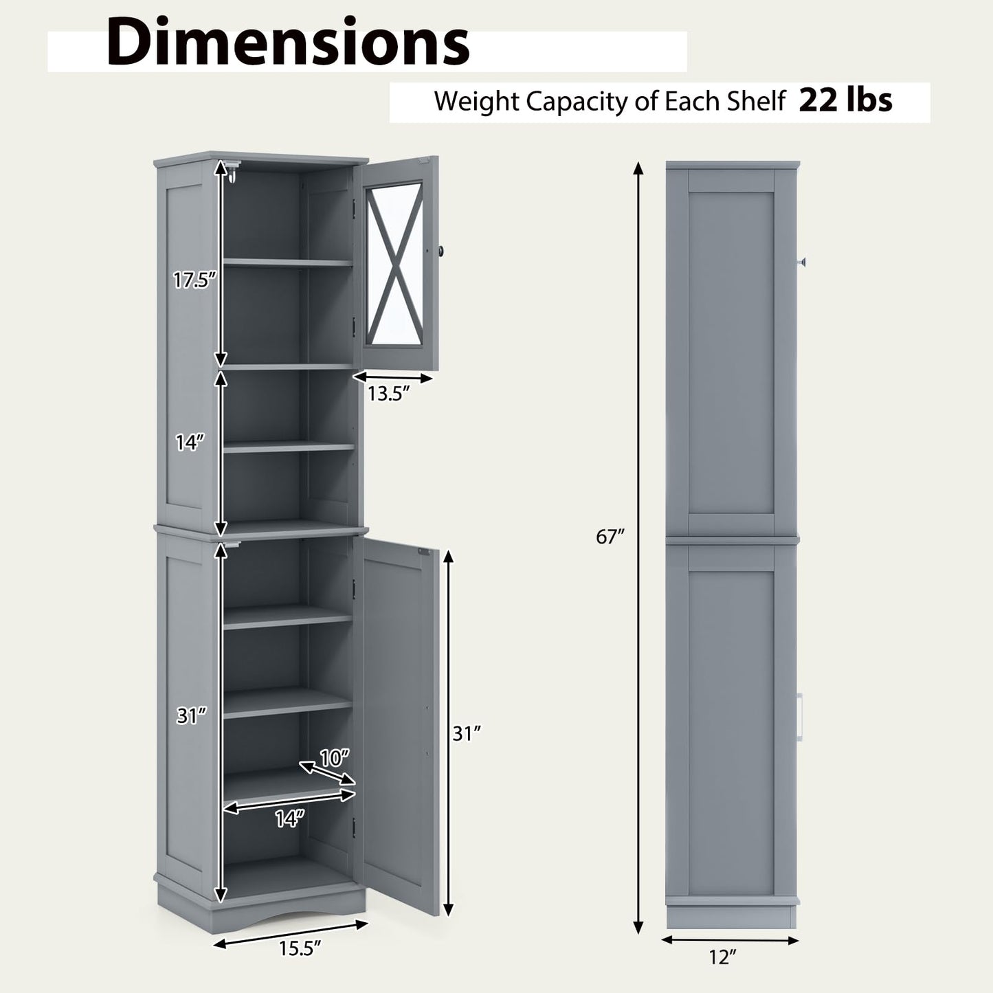 Tangkula 67" H Tall Bathroom Cabinet(15.5 x 12 x 67 Inch)