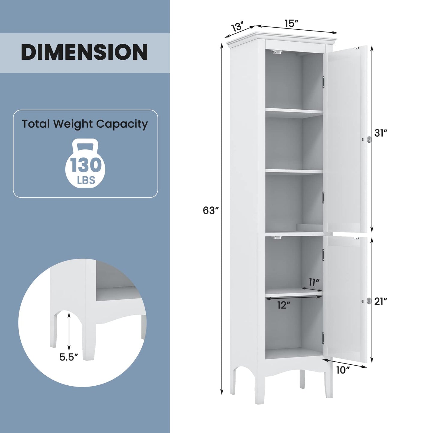 Tangkula Bathroom Storage Cabinet, 63 Inch Tall Narrow Storage Cabinet with 1 Adjustable Shelf and 2 Doors