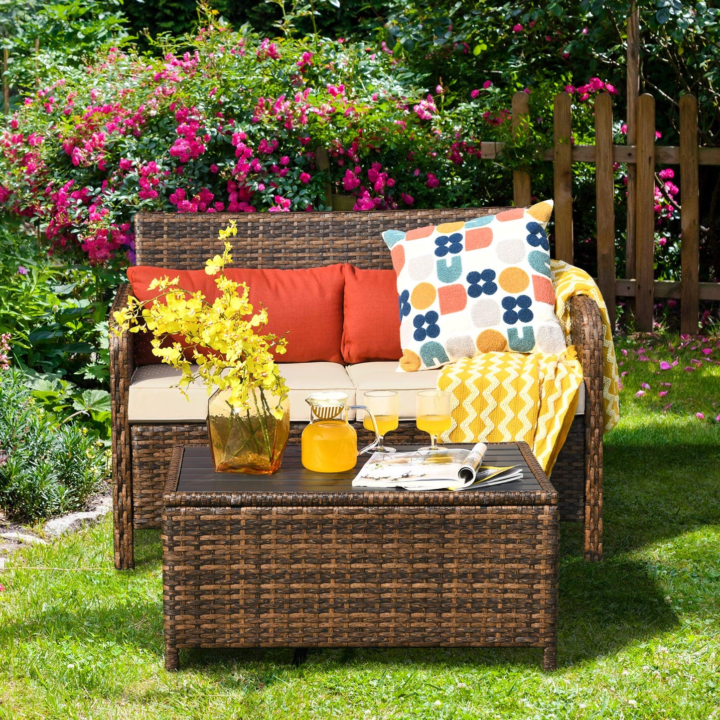 Tangkula 2-Piece Outdoor Rattan Loveseat w/Coffee Table
