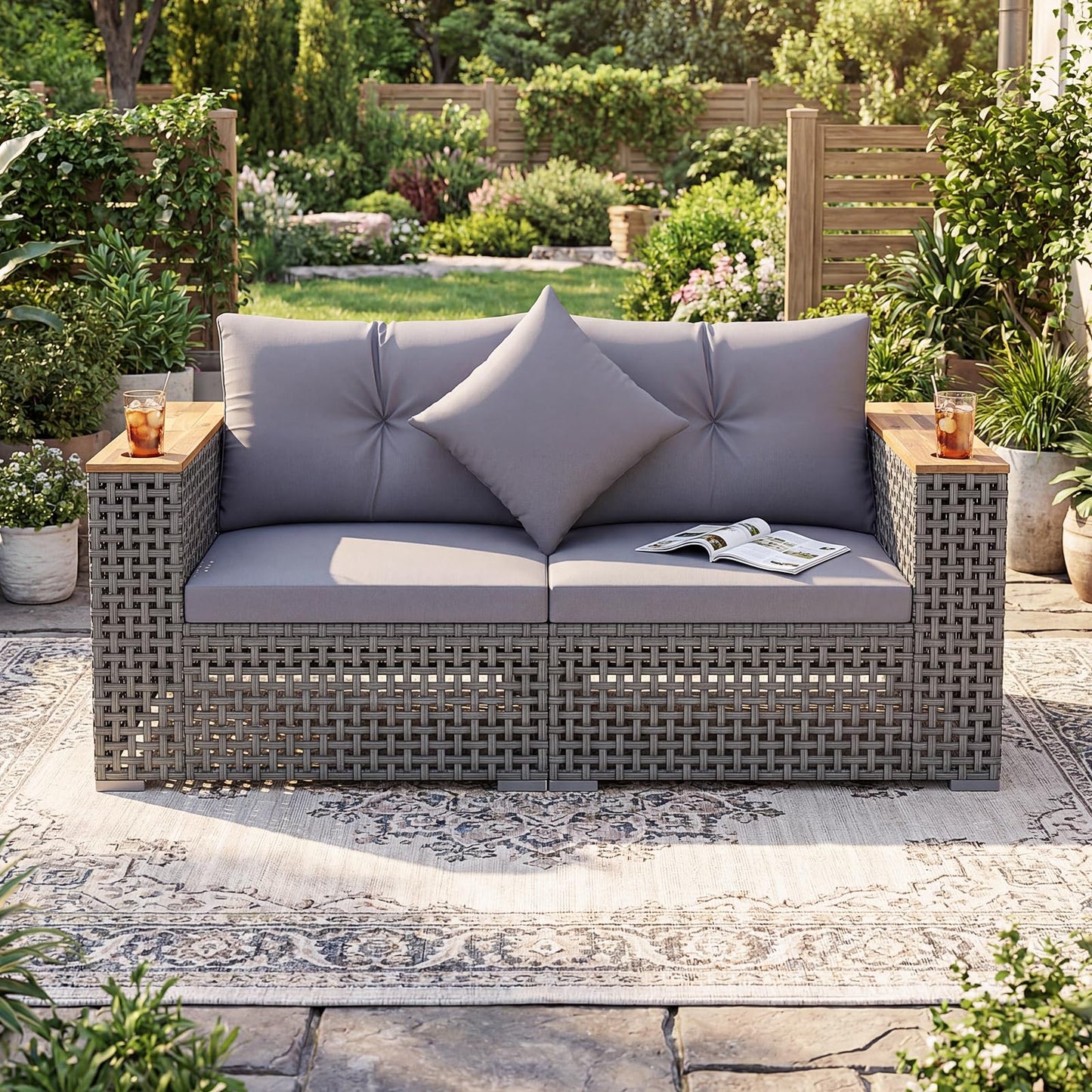 Tangkula 62.5" Large Patio Wicker Loveseat with Acacia Wood Armrests & Cup Holders