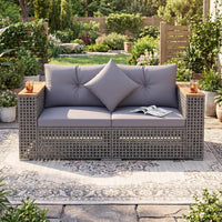 Tangkula 62.5" Large Patio Wicker Loveseat with Acacia Wood Armrests & Cup Holders