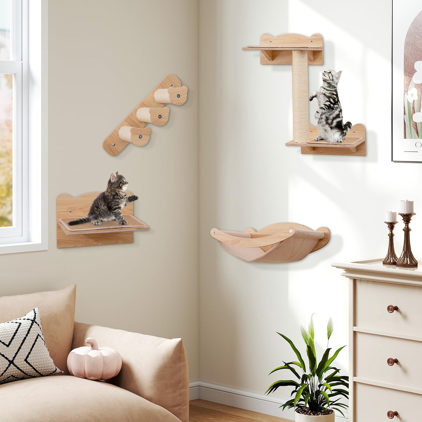 Tangkula Cat Wall Shelves, Wall Mounted 4pcs Kitten Furniture Set with Hammock