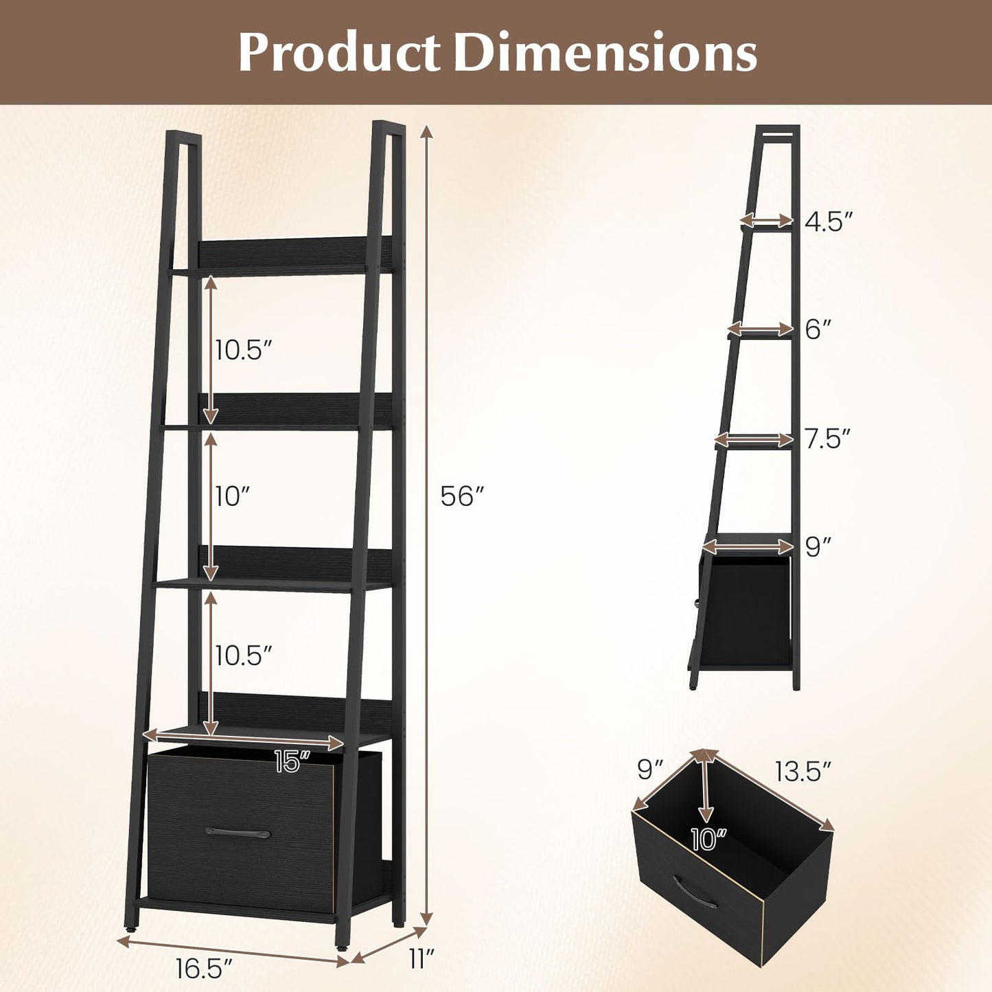Tangkula 5-Tier Narrow Ladder Bookshelf with Fabric Drawer (1/2)