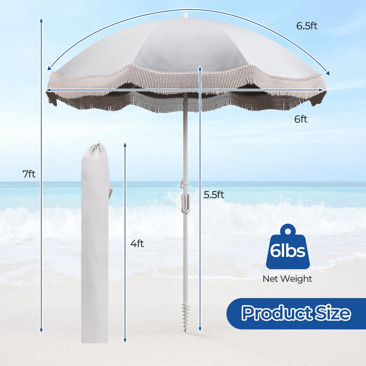 Tangkula 6.5FT Beach Umbrella with Fringe, UPF50+ Outdoor Boho Umbrella with Tassels, Push Button Tilt