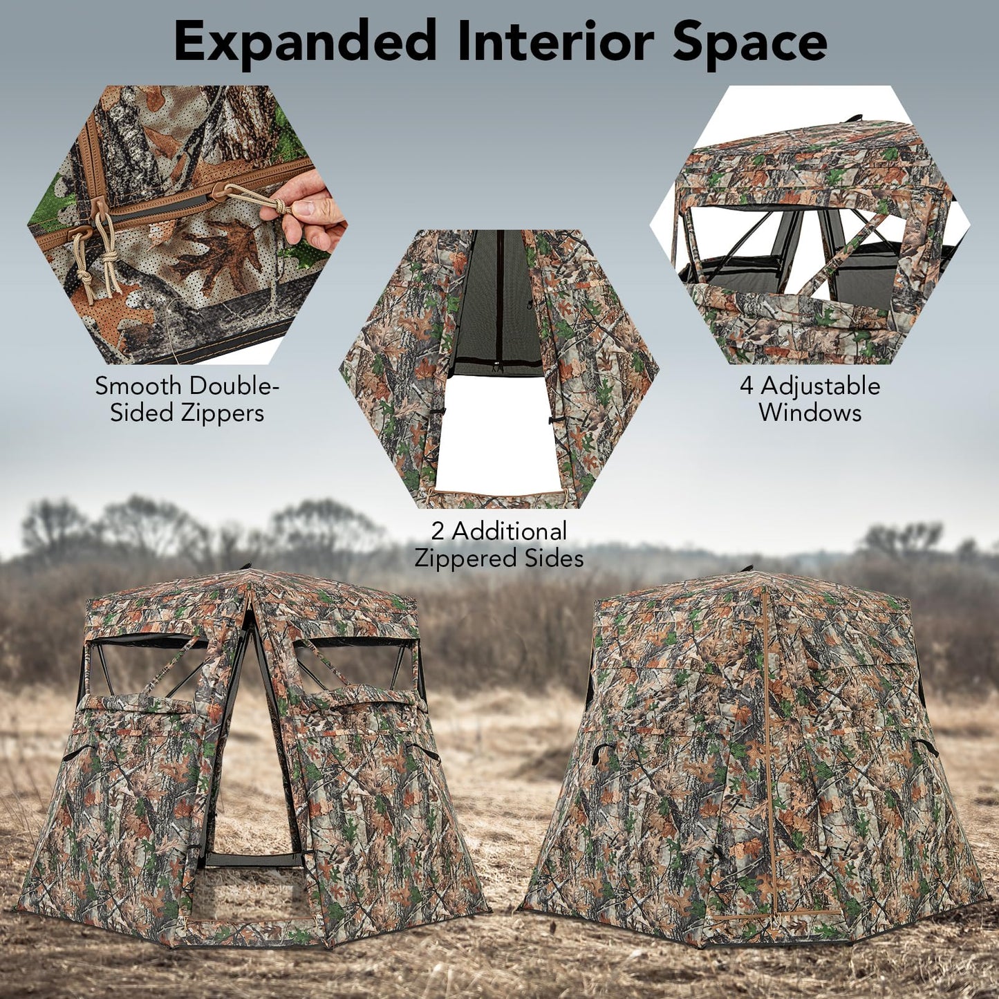 Tangkula 2-3 Person Hunting Blind, 360 Degree See Through Ground Blind with 4 Silent Slide Windows