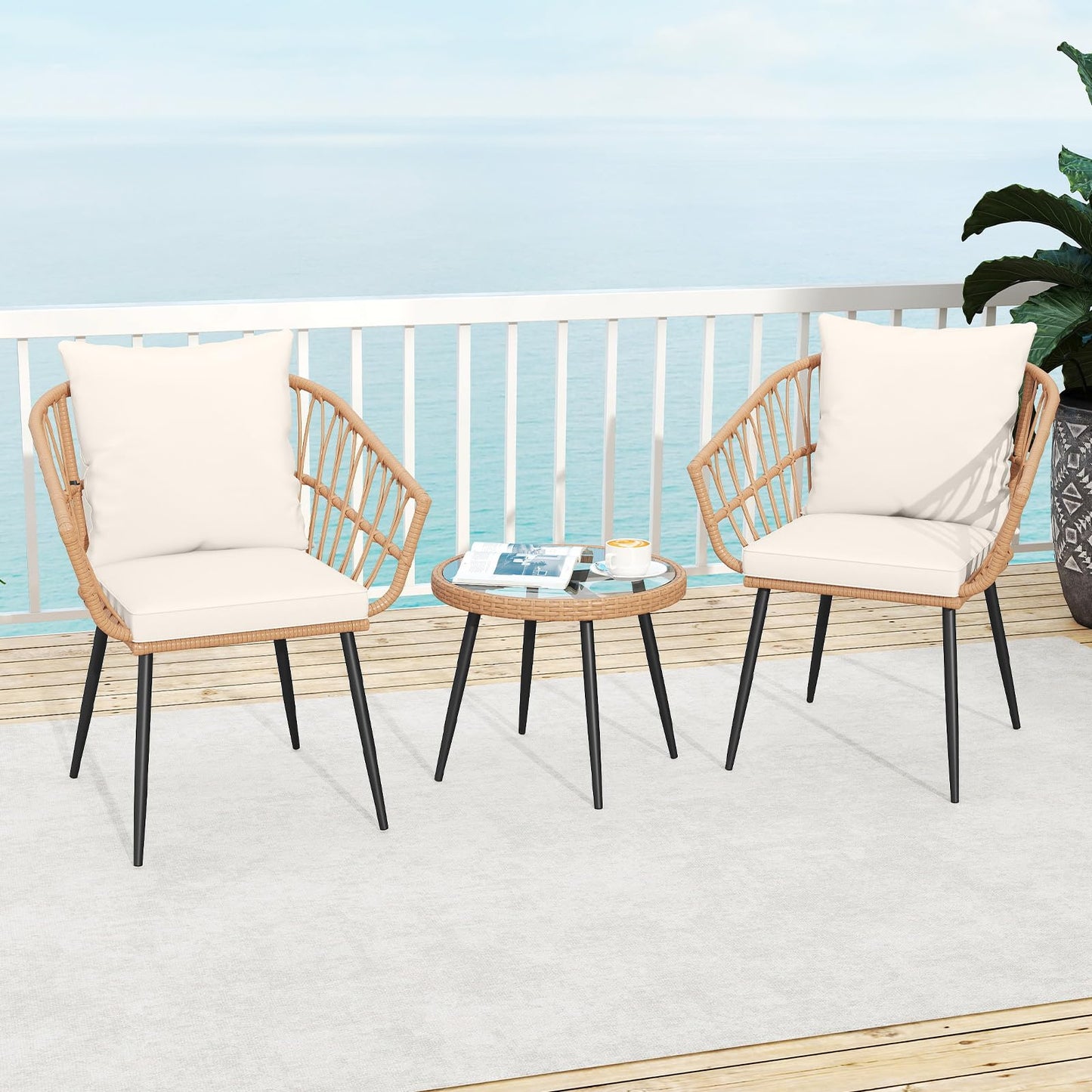 Tangkula 3 Piece Patio PE Rattan Conversation Chairs with Round Glass Table