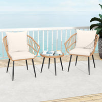 Tangkula 3 Piece Patio PE Rattan Conversation Chairs with Round Glass Table