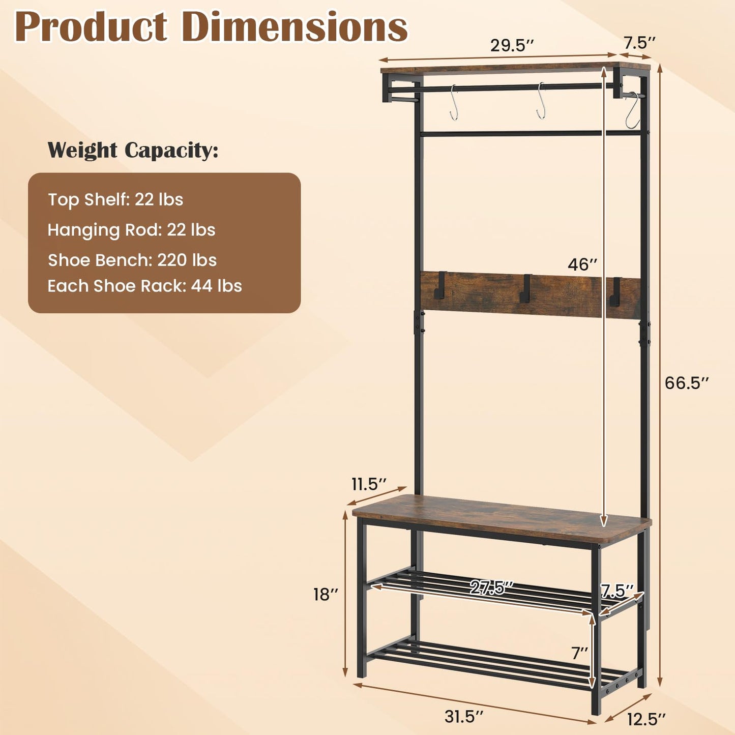 Tangkula Hall Tree with Bench and Shoe Storage for Entryway