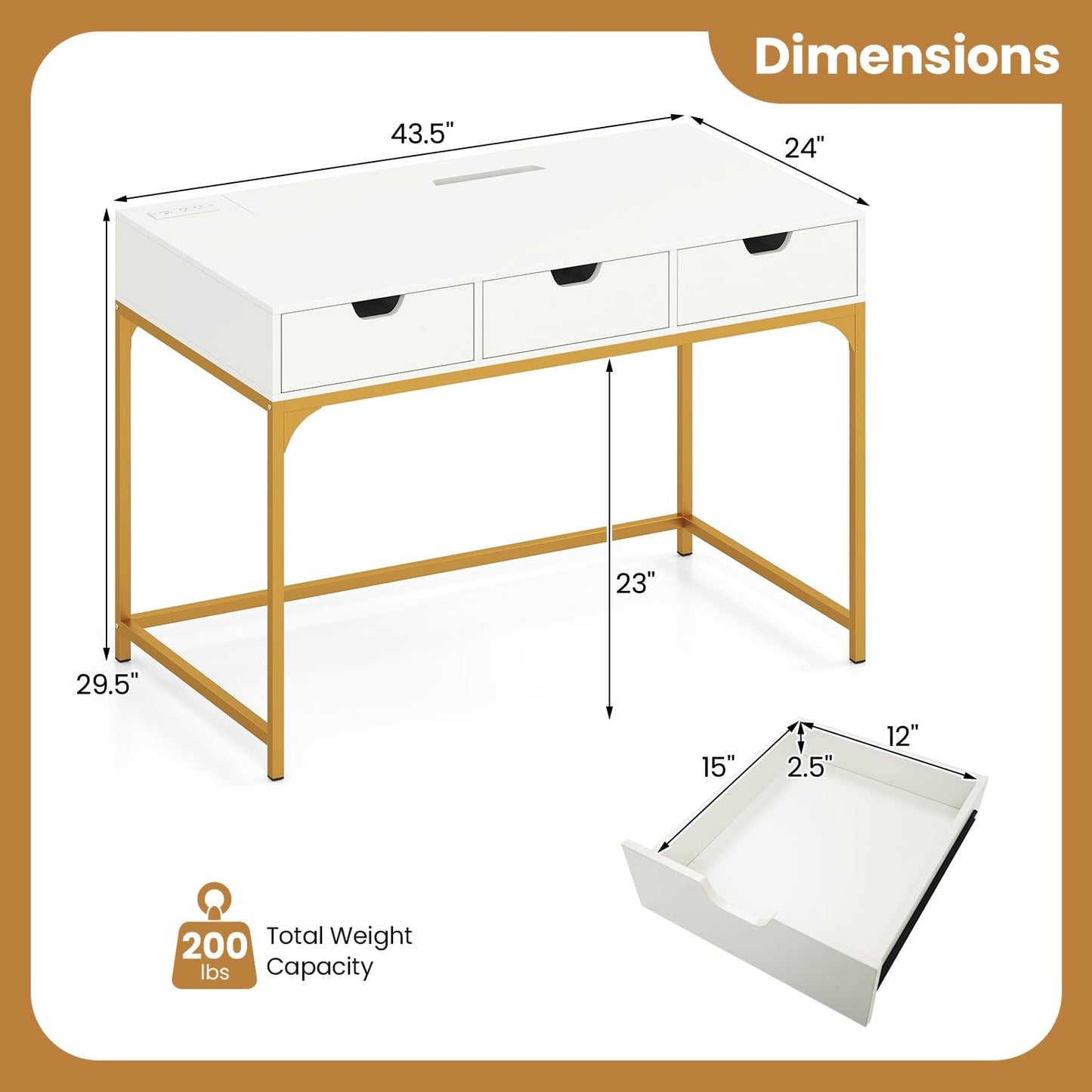 Tangkula Computer Desk with 3 Drawers & Power Outlets