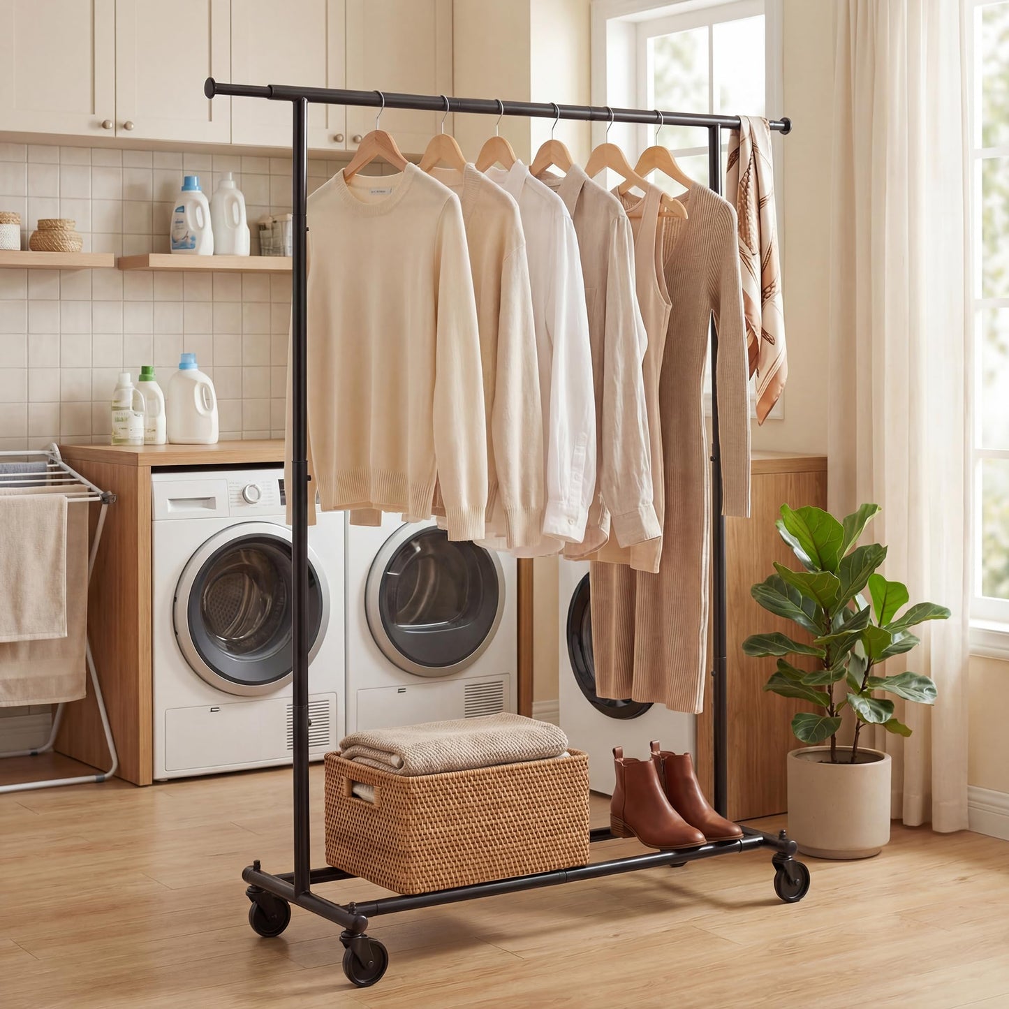 Tangkula Rolling Clothes Rack with Extendable Hanging Rods (41"-61.5" L)