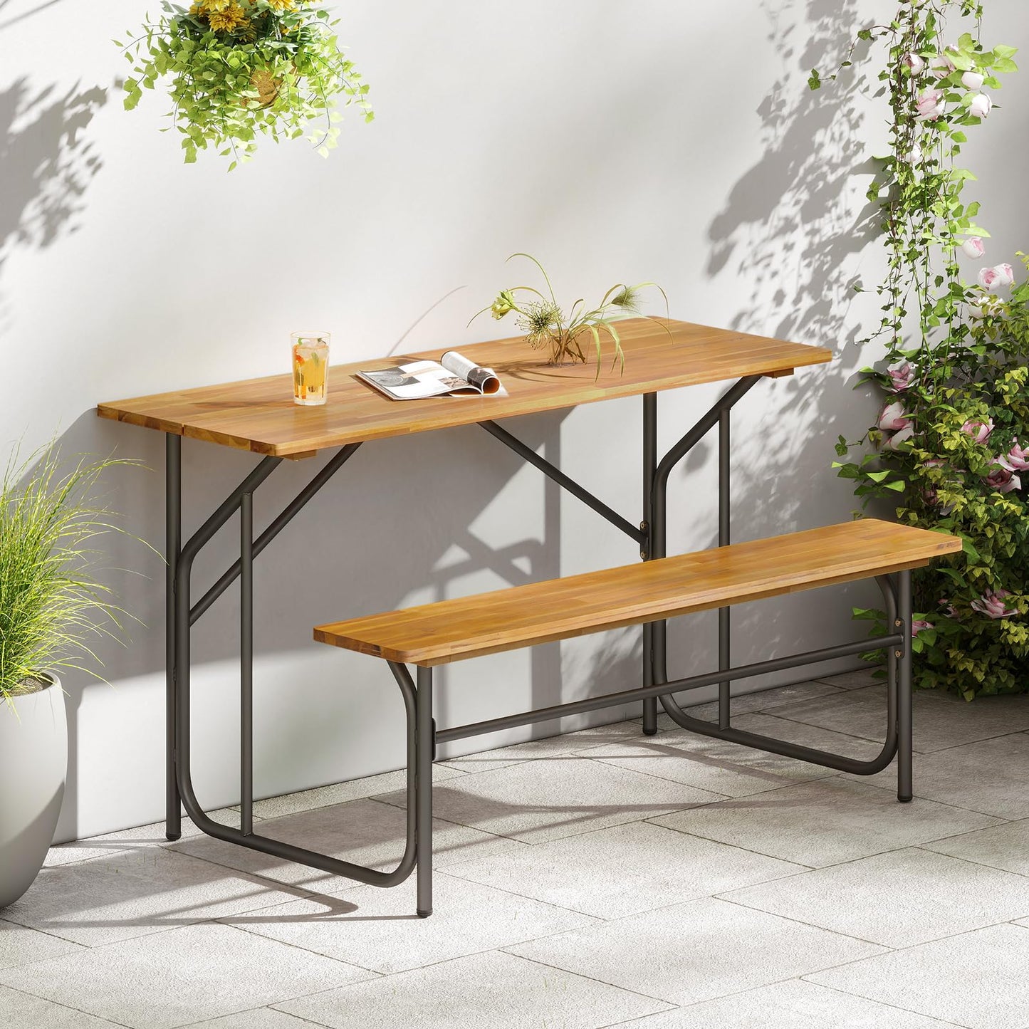 Tangkula Heavy-Duty Outdoor Acacia Wood Dining Furniture with Metal Legs for Balcony