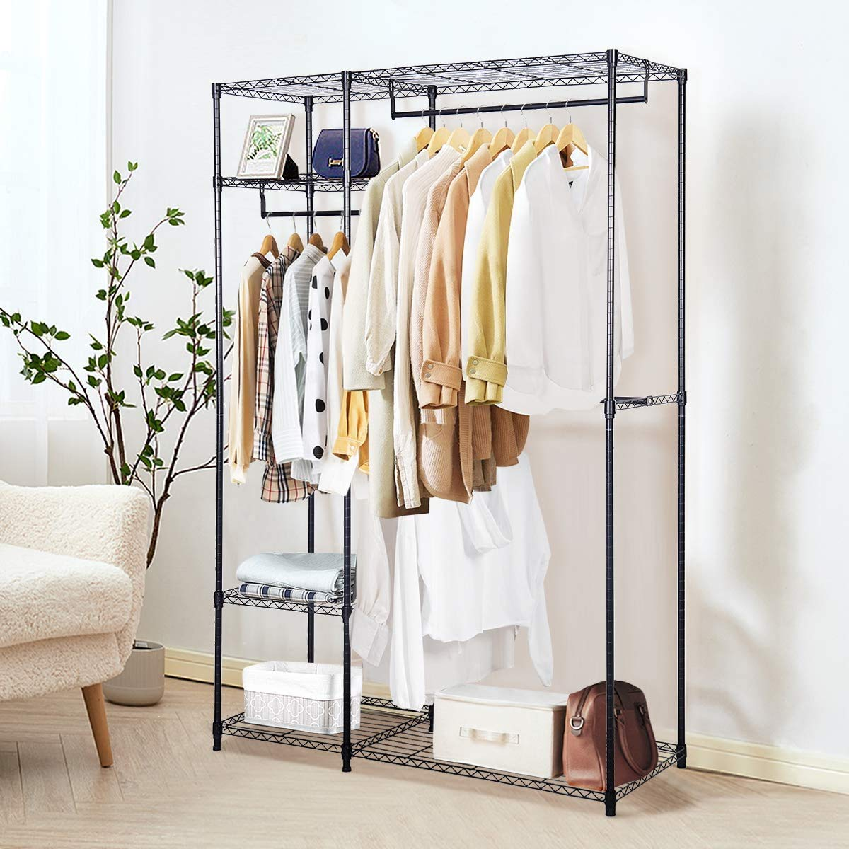 Tangkula Garment Rack Clothing Rack, Heavy Duty Free Standing Closet Organizer with Storage Shelves & Hanging Rods